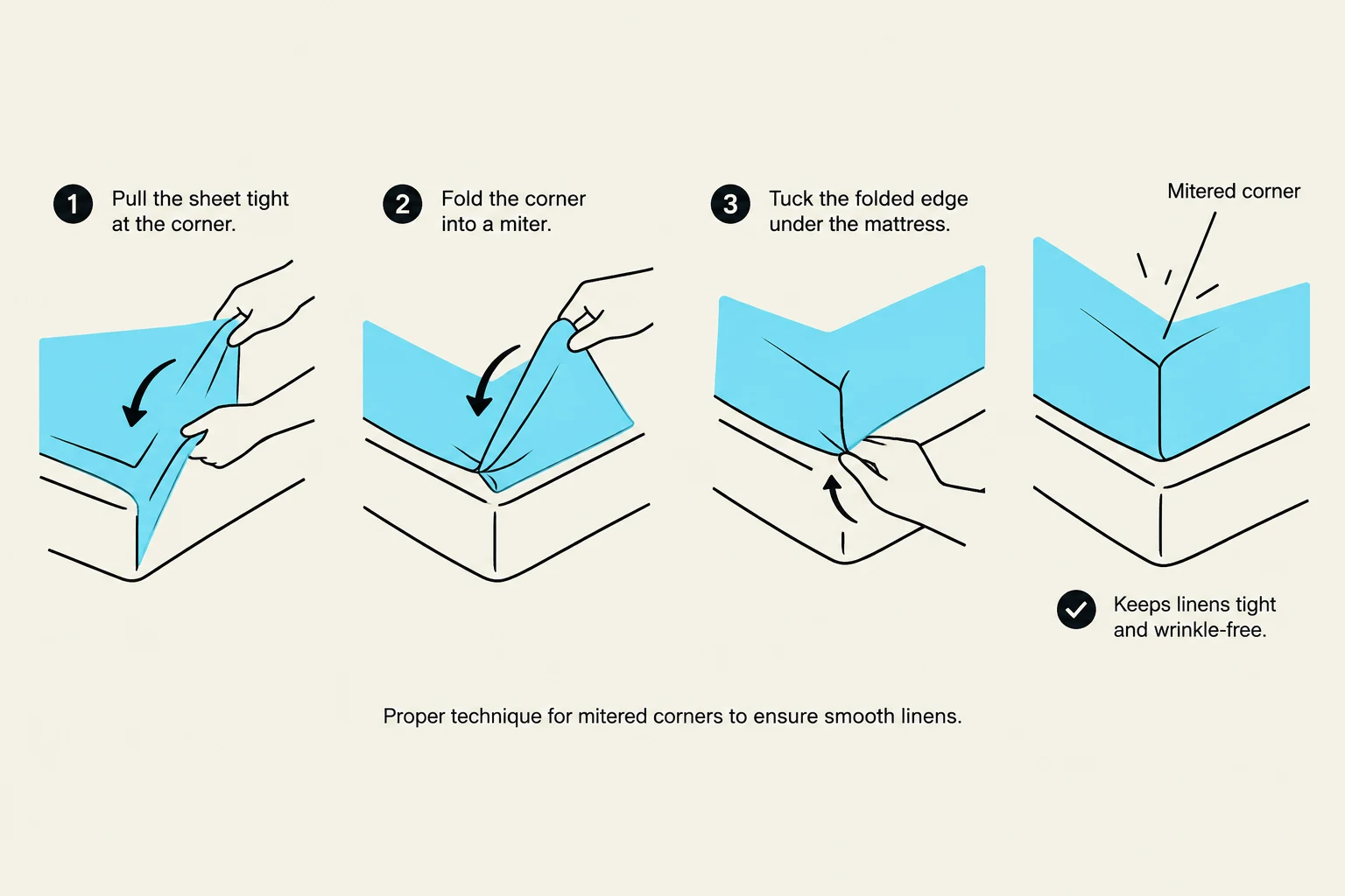 This illustration demonstrates the proper technique for creating mitered corners on a fitted sheet to ensure smooth and wrinkle-free linens.
