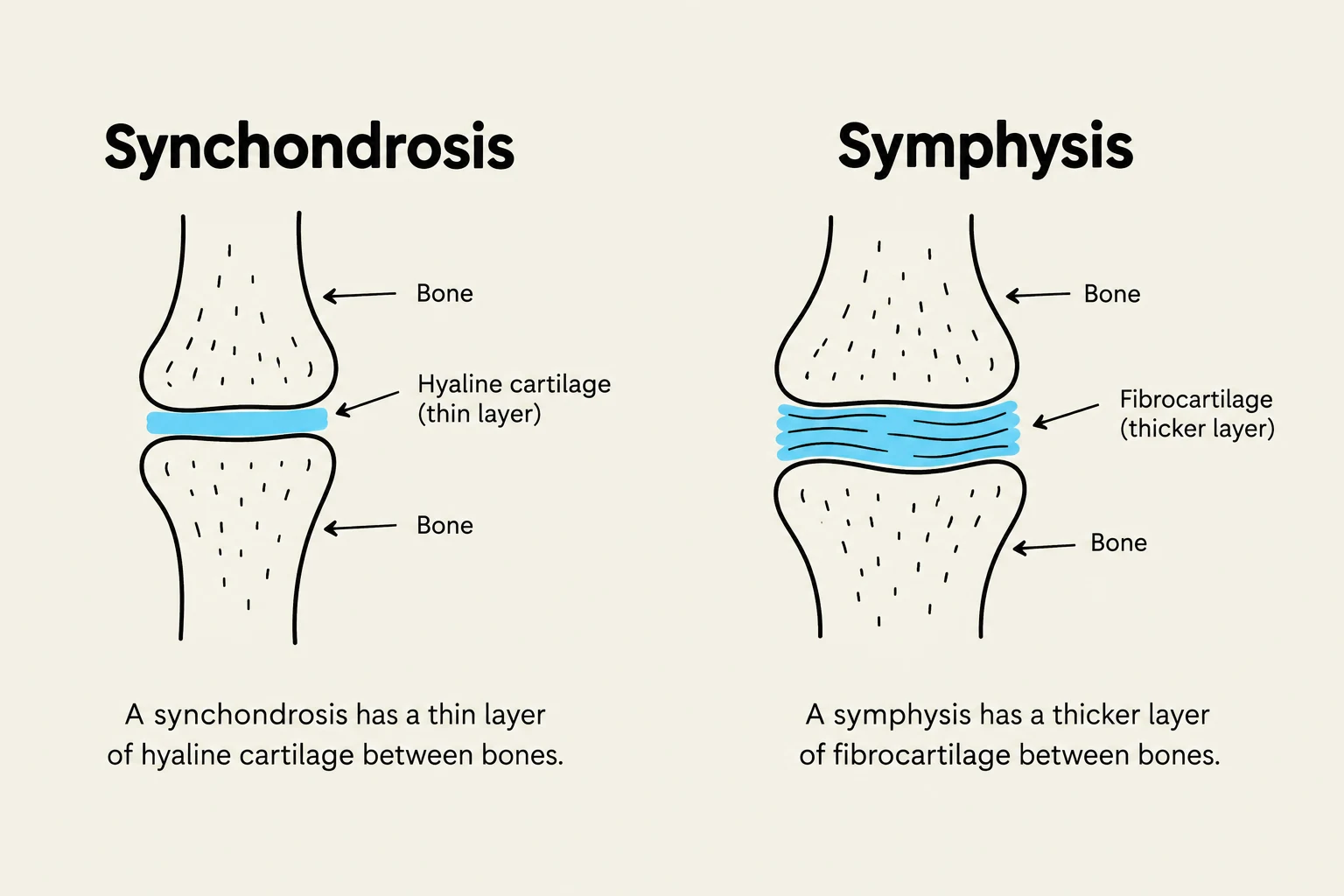 Diagrams illustrating the difference between a synchondrosis, which has a thin layer of hyaline cartilage between bones, and a symphysis, which has a thicker layer of fibrocartilage between bones.