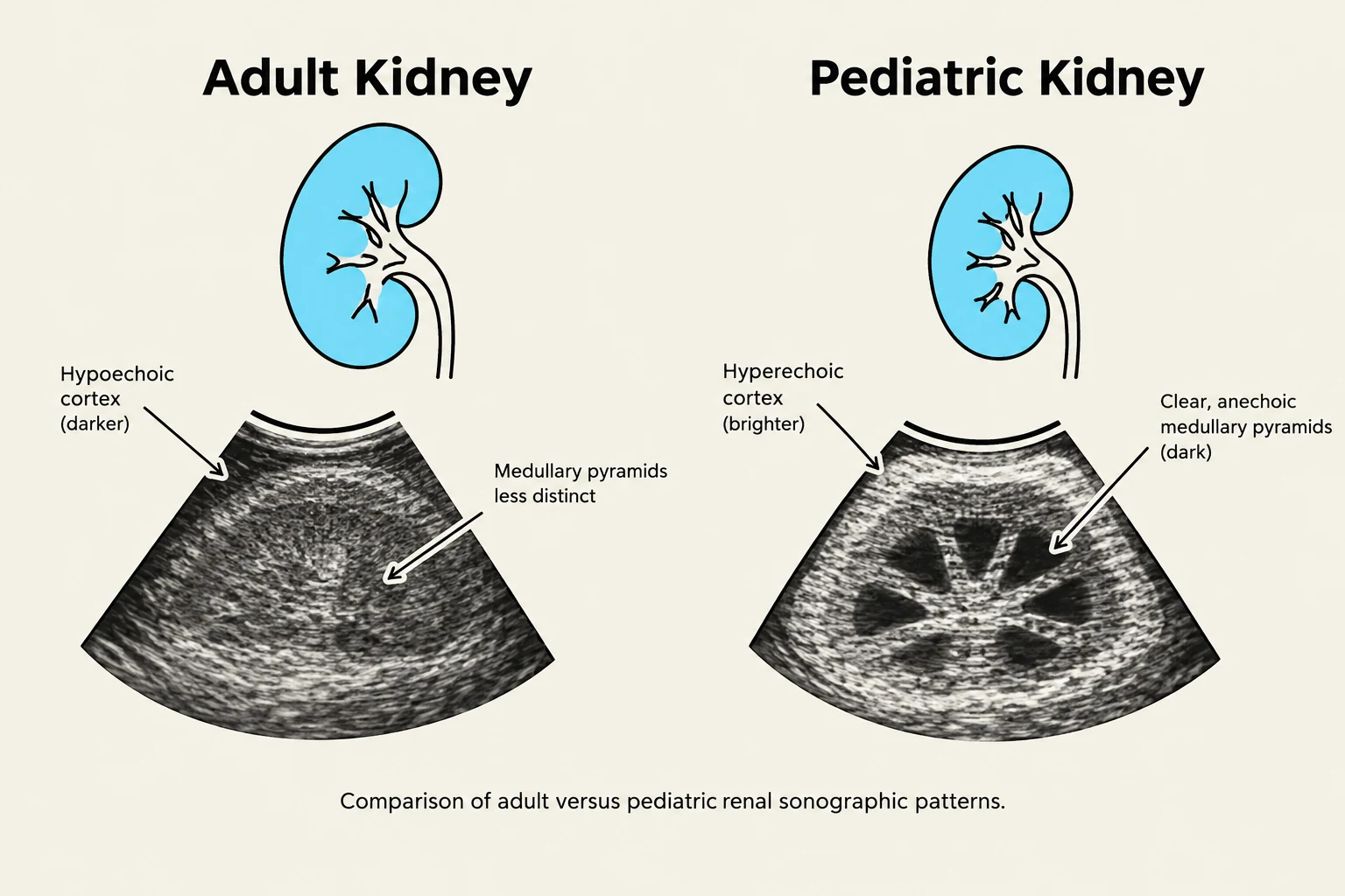 Comparison of adult versus pediatric renal sonographic patterns.