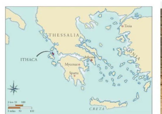 Map of ancient Greece showing locations such as Ithaca, Athens, Sparta, Mycenae, Crete, and Troy.