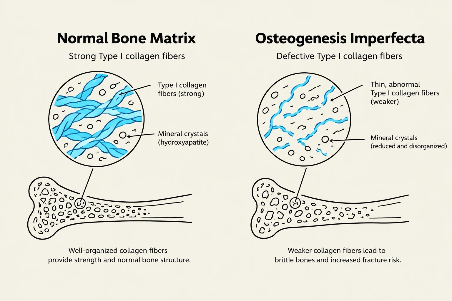 Comparison of normal bone matrix with strong Type I collagen fibers and mineral crystals, versus Osteogenesis Imperfecta characterized by defective, thin, abnormal Type I collagen fibers and reduced, disorganized mineral crystals, leading to weaker bones and increased fracture risk.