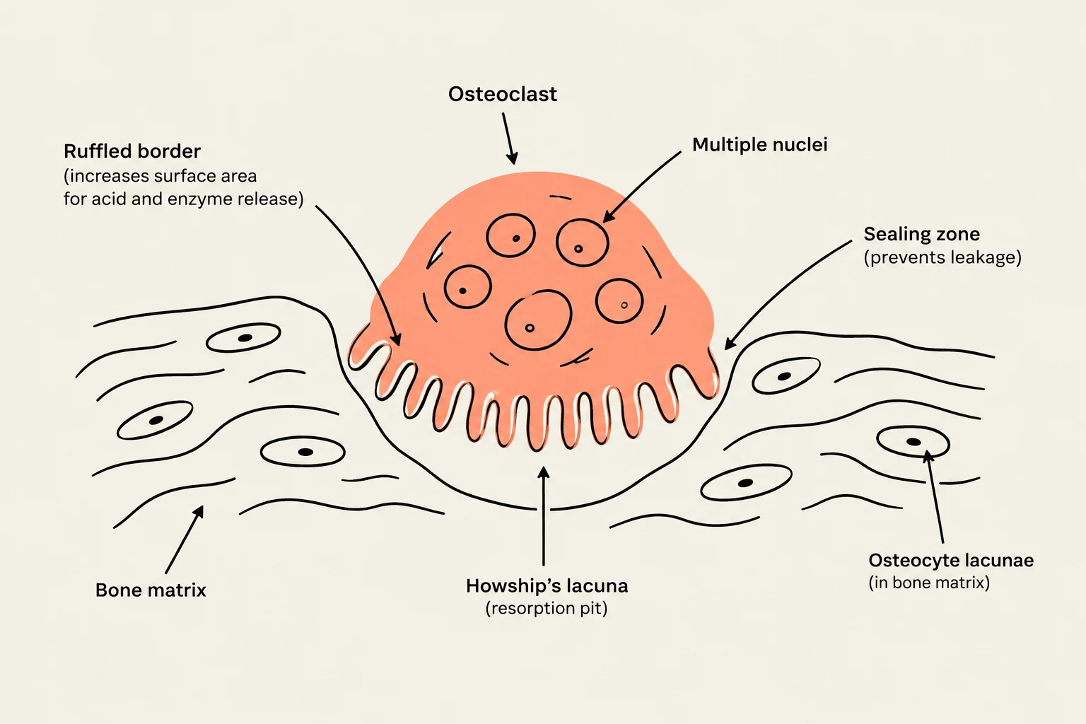 Diagram illustrating an osteoclast cell resorbing bone matrix, showing its ruffled border, multiple nuclei, and the sealing zone. It also labels Howship's lacuna and osteocyte lacunae within the bone matrix.