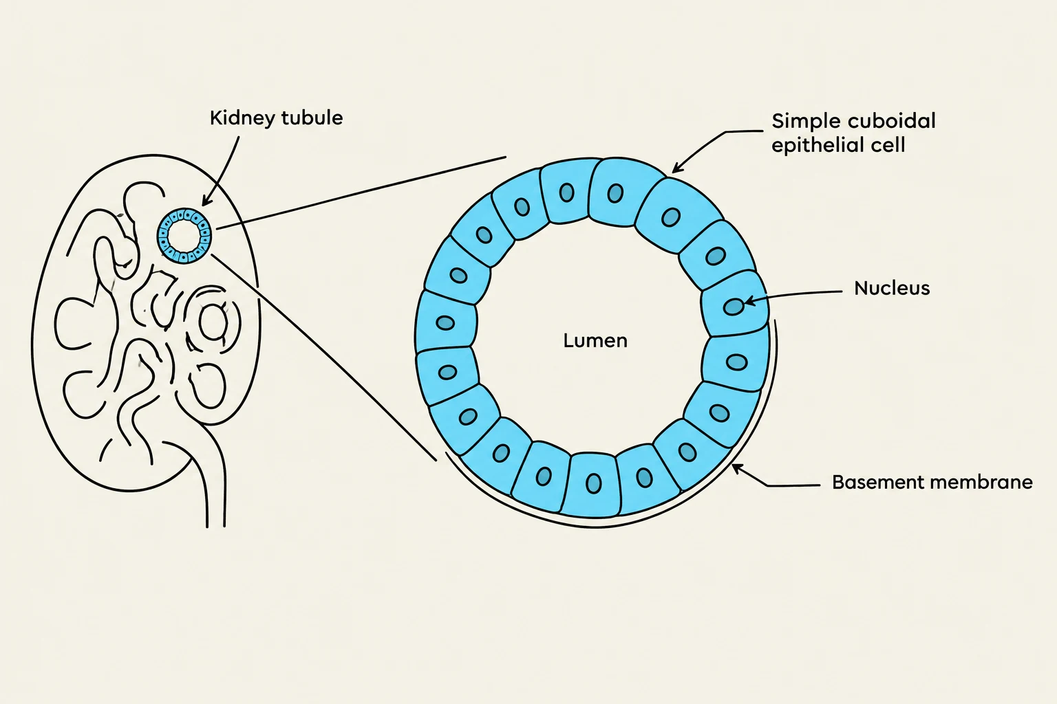 Diagram illustrating a cross-section of a kidney tubule, showing simple cuboidal epithelial cells surrounding a lumen and resting on a basement membrane.
