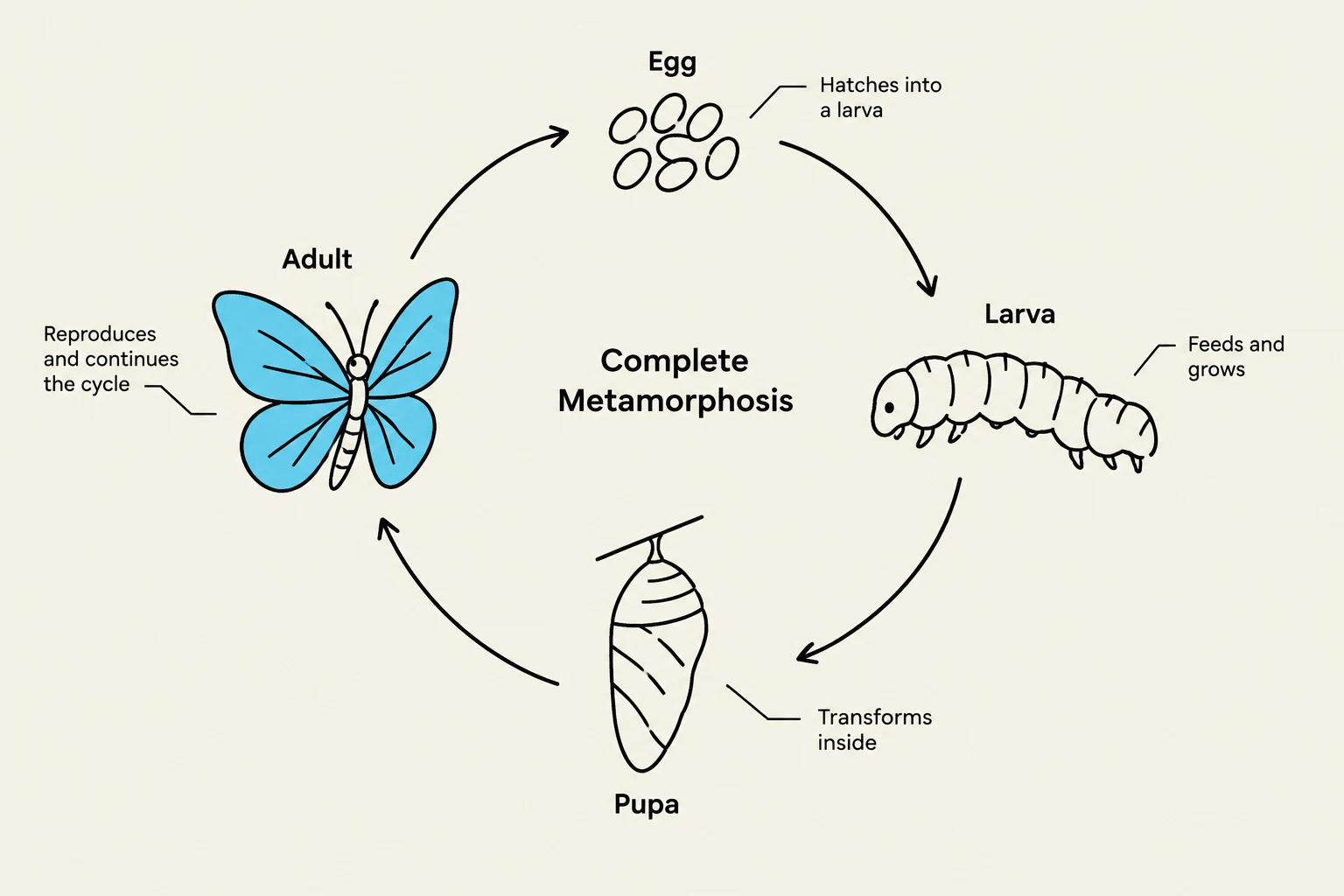 The life cycle of a butterfly, illustrating complete metamorphosis through its stages: egg, larva, pupa, and adult.