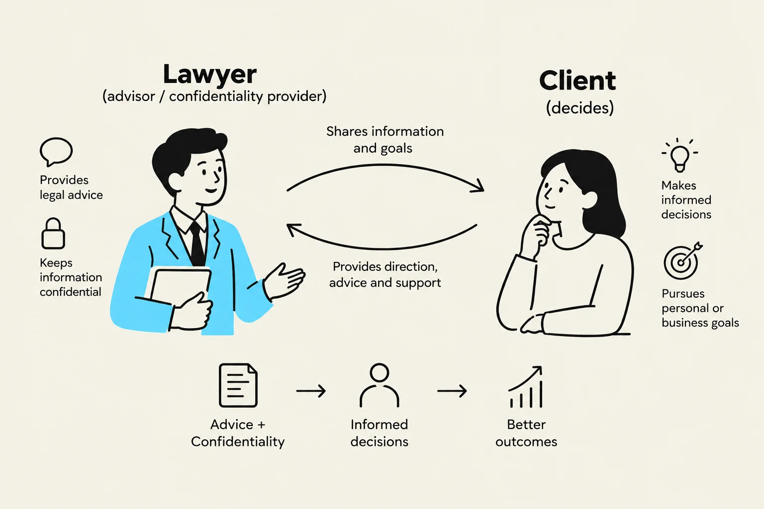 This diagram illustrates the relationship between a lawyer and a client, highlighting the exchange of information, provision of advice, and the resulting informed decisions and better outcomes.