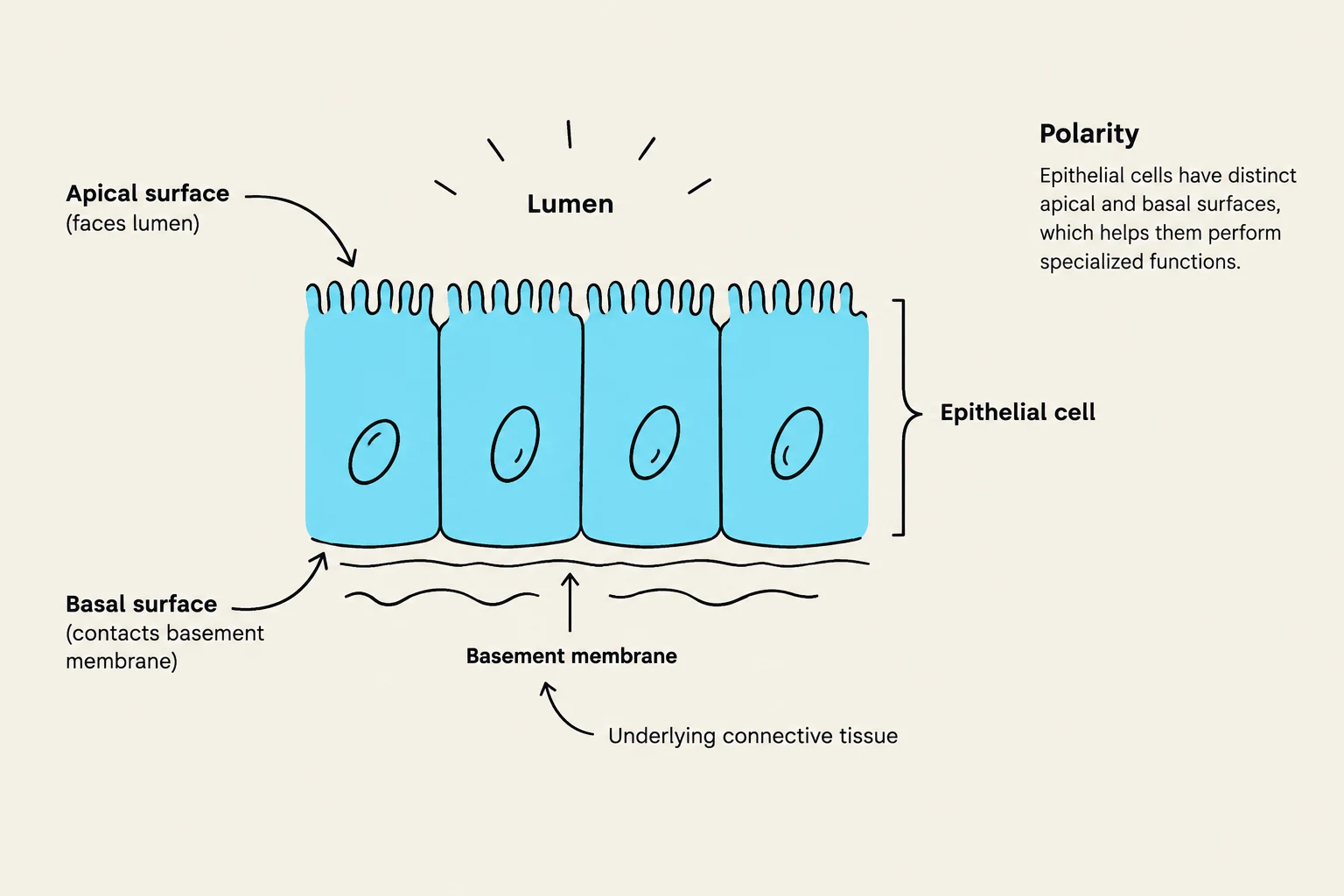 Diagram illustrating the polarity of epithelial cells, showing their apical and basal surfaces, lumen, basement membrane, and underlying connective tissue.