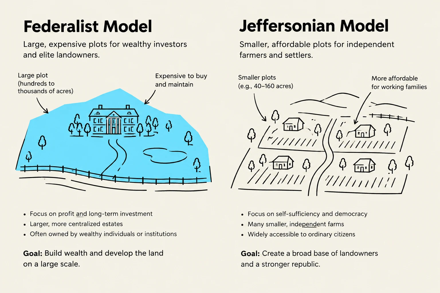 Comparison of the Federalist and Jeffersonian models of land ownership and development in early America, highlighting differences in plot size, affordability, and intended beneficiaries.