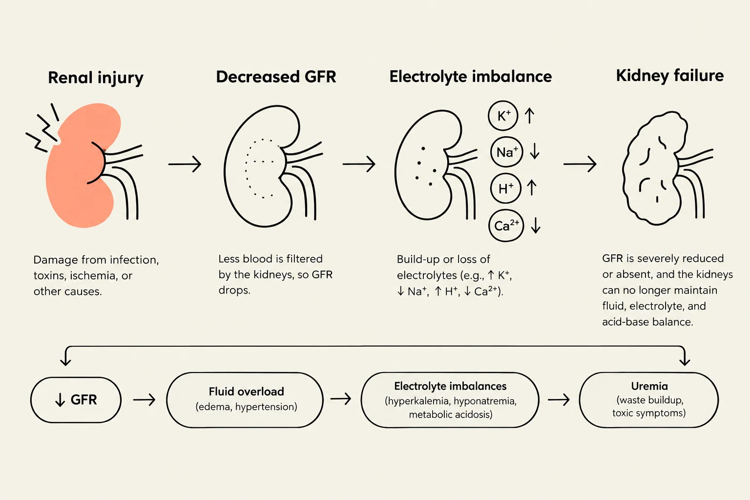 This diagram illustrates the progression of kidney injury, starting from renal injury and decreased Glomerular Filtration Rate (GFR), leading to electrolyte imbalances, fluid overload, and ultimately kidney failure and uremia.