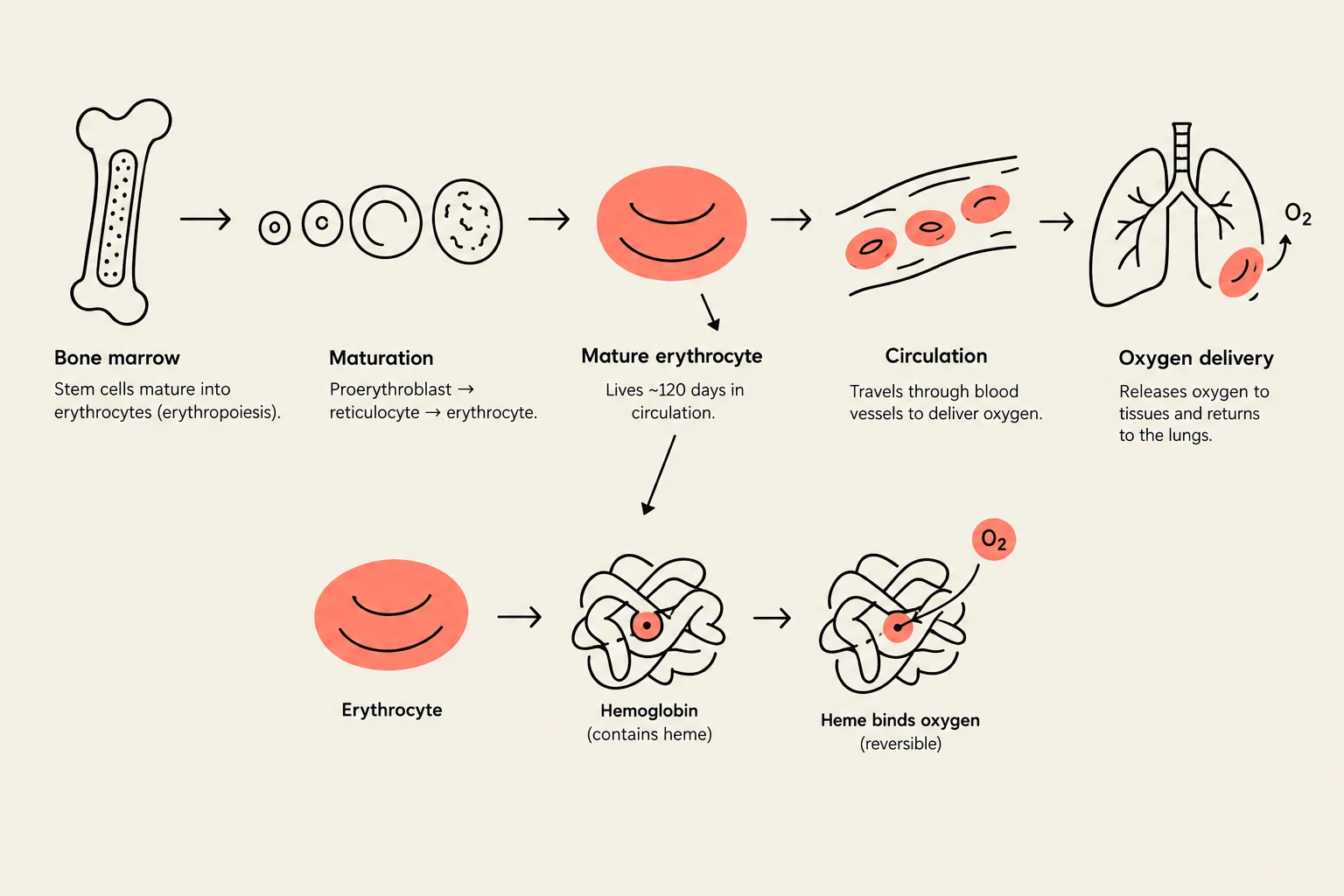 Diagram illustrating the process of erythrocyte maturation, circulation, and oxygen delivery, from bone marrow to tissues and lungs.