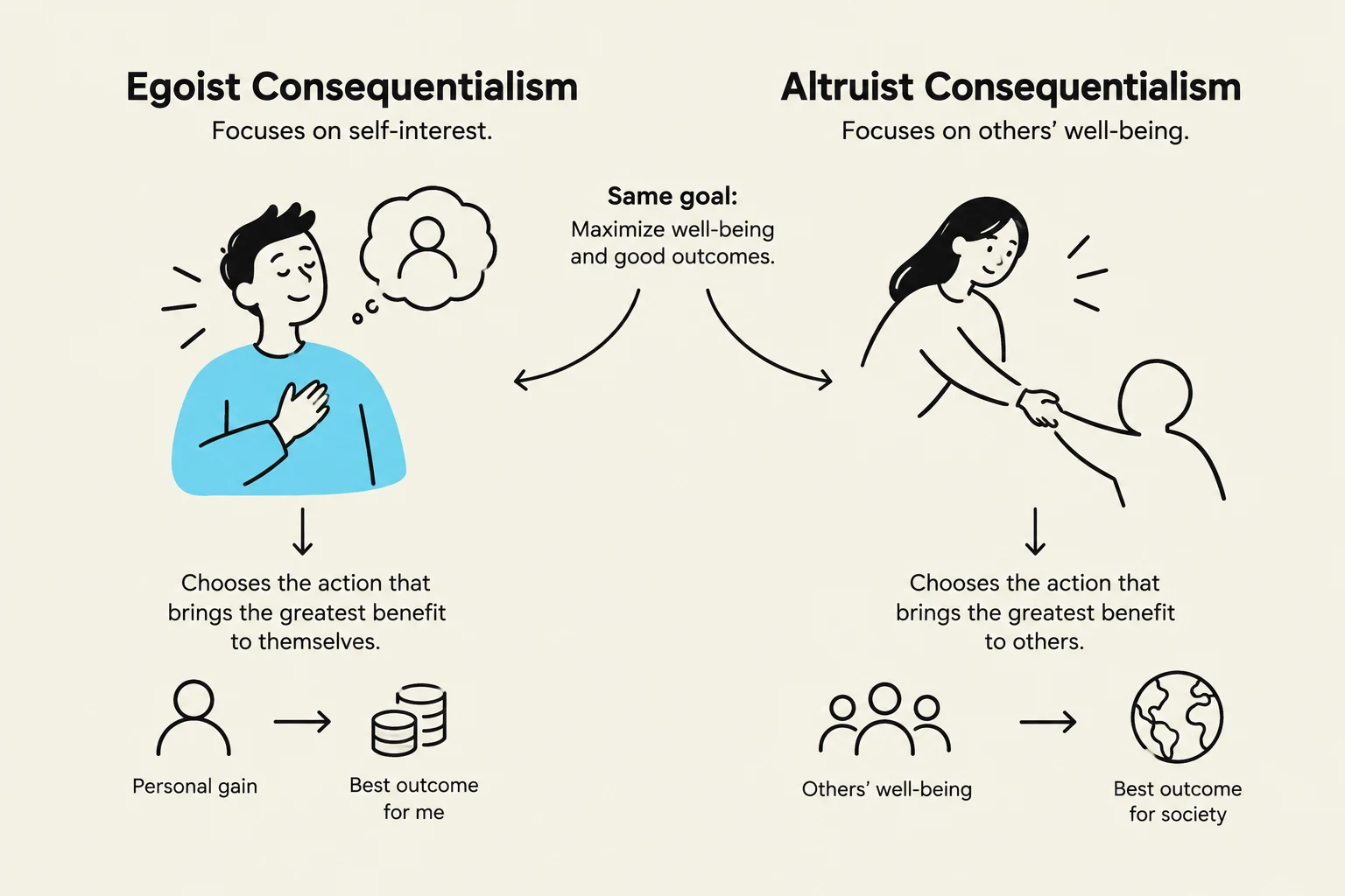 This illustration contrasts Egoist Consequentialism, which prioritizes self-interest, with Altruist Consequentialism, which focuses on the well-being of others, both aiming to maximize well-being and good outcomes.