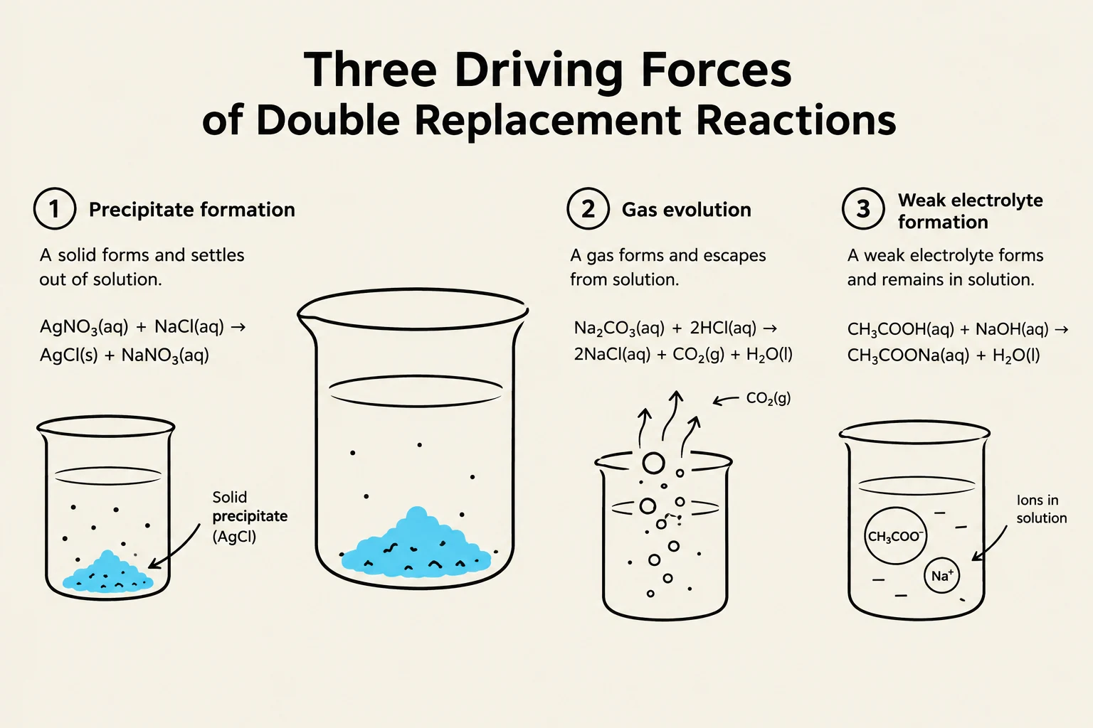 This illustration depicts three driving forces of double replacement reactions: precipitate formation, gas evolution, and weak electrolyte formation, with corresponding chemical equations and visual representations.