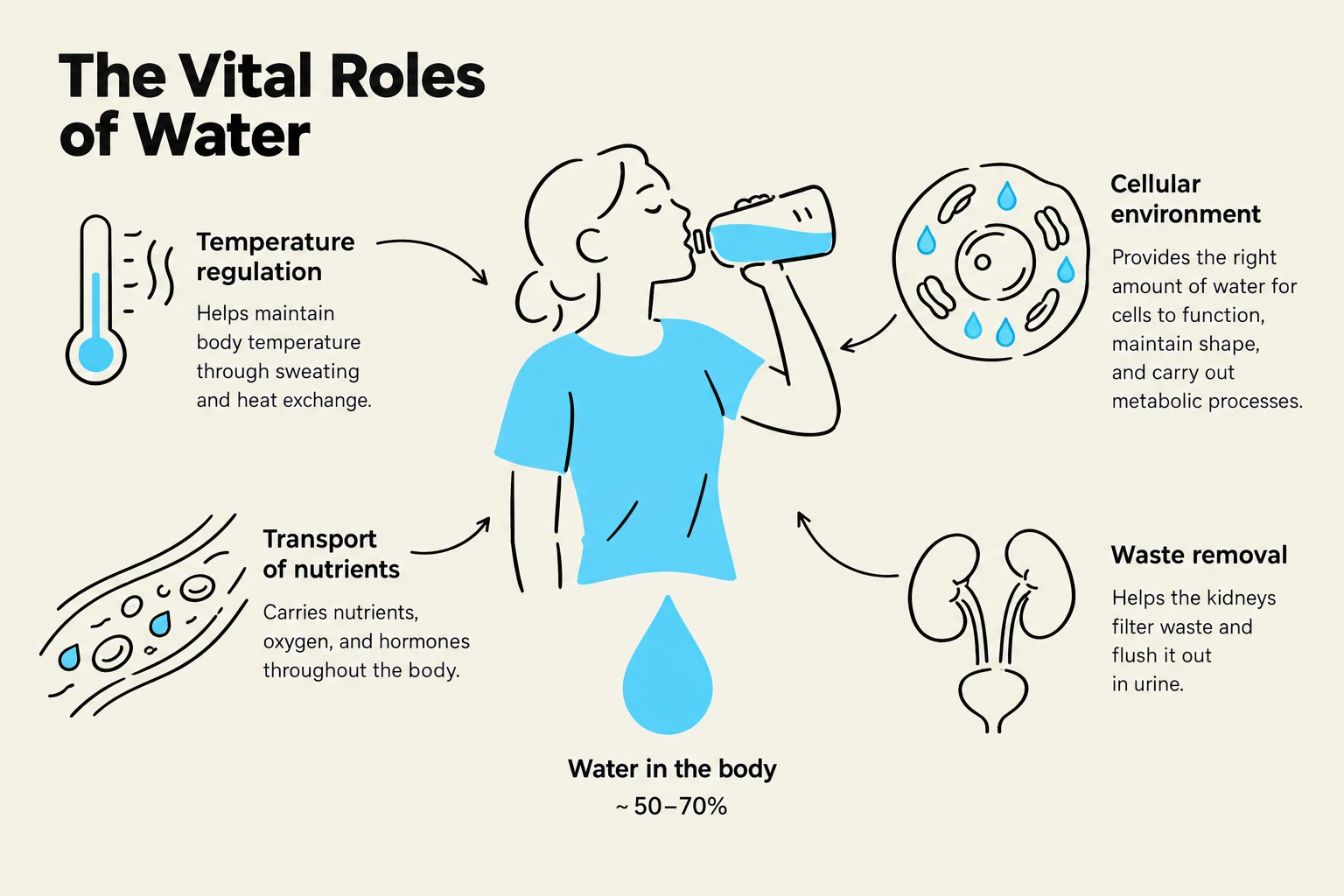 The vital roles of water in the human body include temperature regulation, transport of nutrients, cellular environment support, and waste removal. Water constitutes approximately 50-70% of the body.