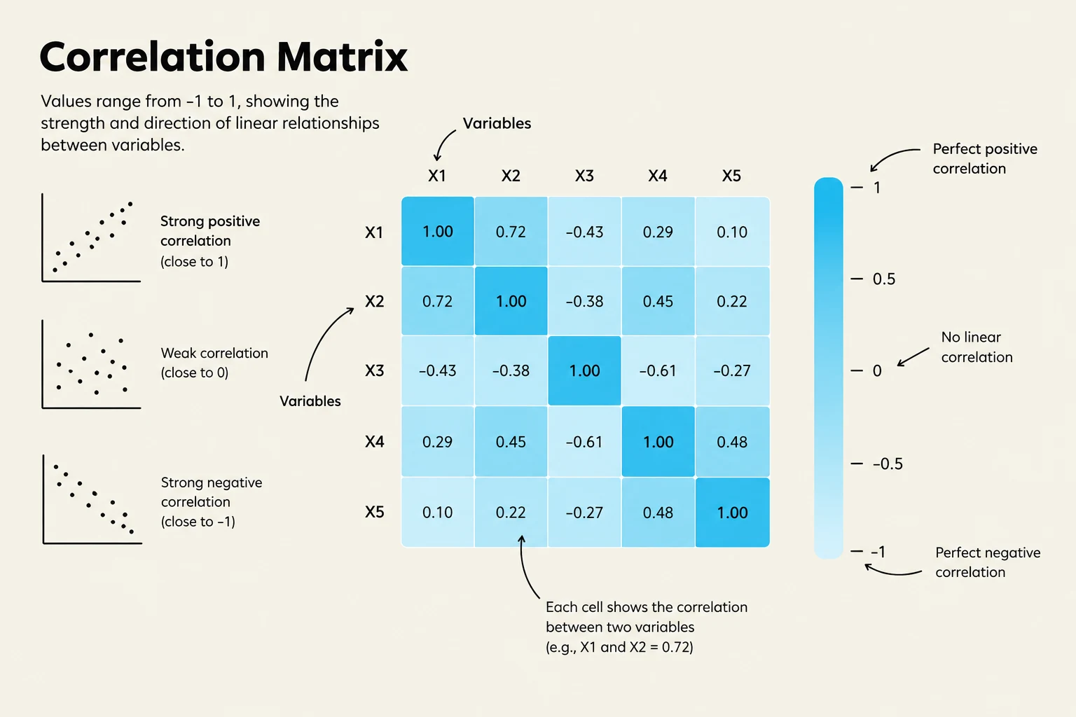 A correlation matrix illustrating the strength and direction of linear relationships between variables, with a color scale indicating the correlation coefficient from -1 (perfect negative correlation) to 1 (perfect positive correlation).