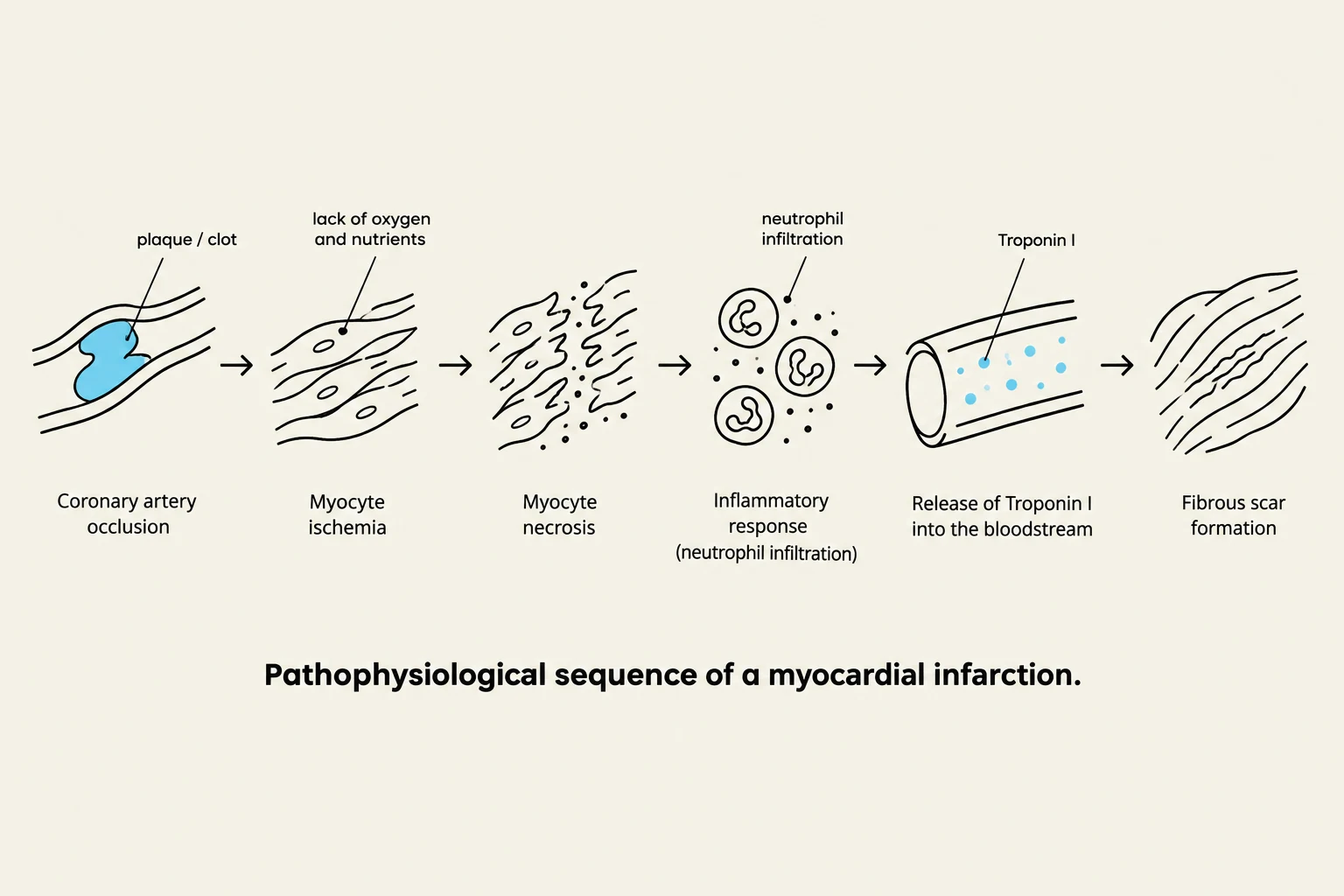 Pathophysiological sequence of a myocardial infarction.