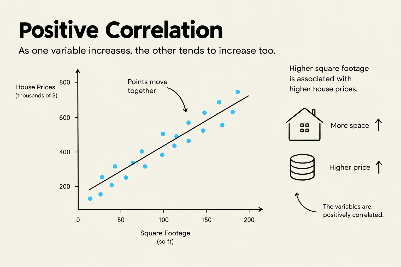 This graph illustrates a positive correlation, showing that as square footage increases, house prices tend to increase as well.