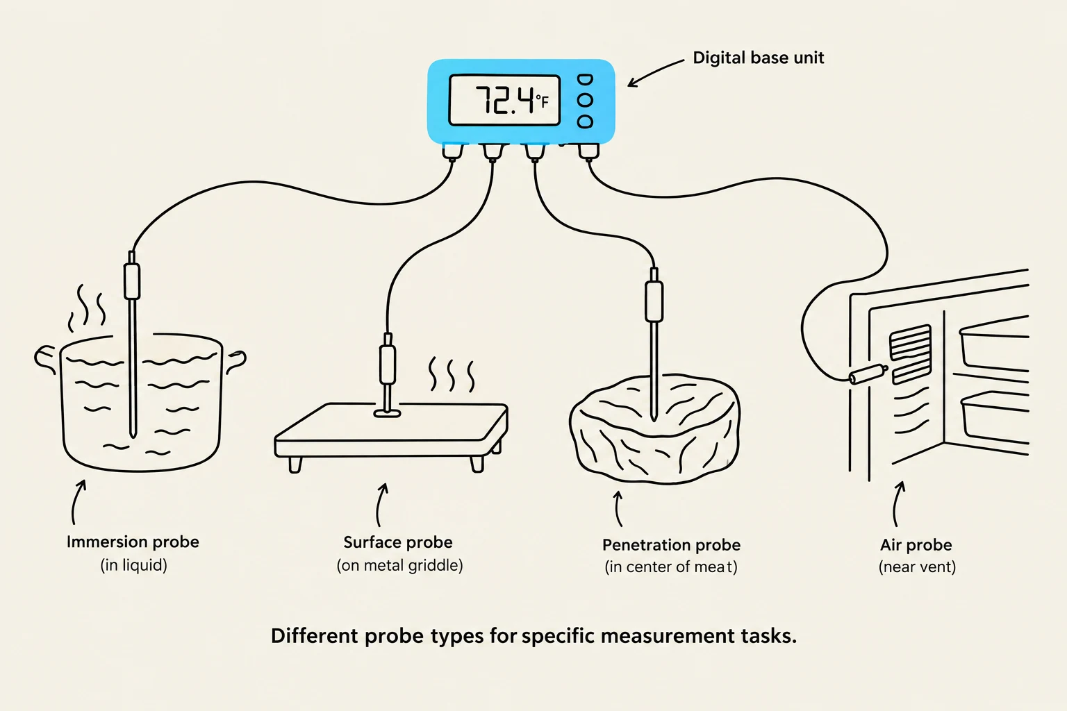 This diagram illustrates four types of temperature probes: immersion, surface, penetration, and air probes, each designed for specific measurement tasks.