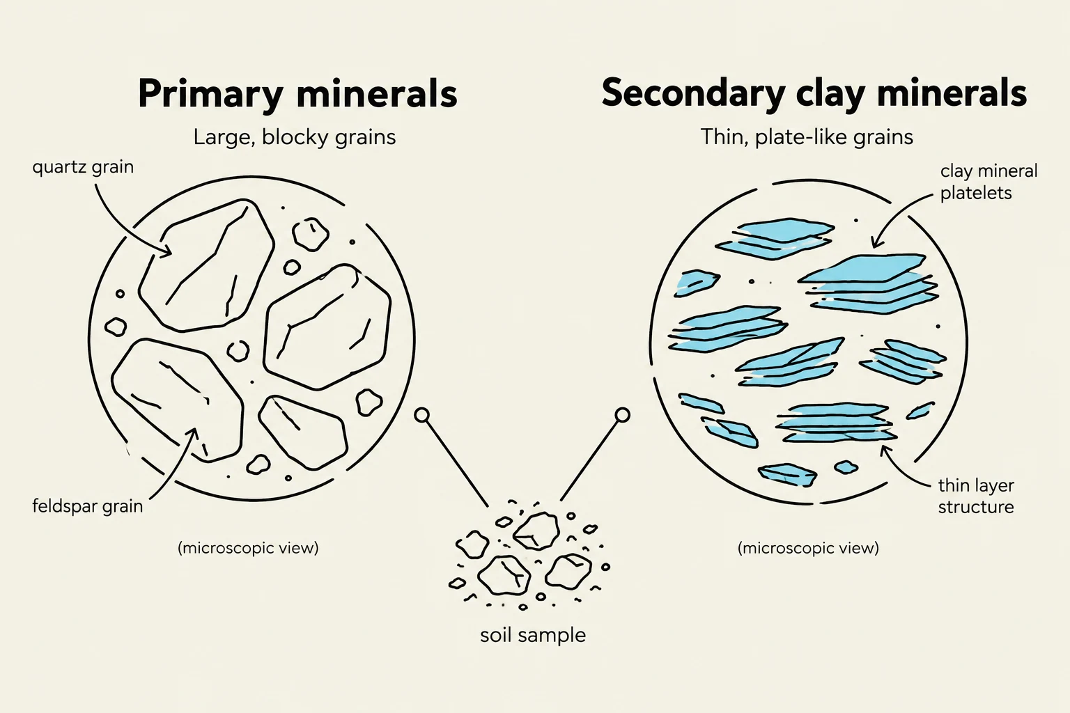 Diagram illustrating the difference between primary minerals, characterized by large, blocky grains like quartz and feldspar, and secondary clay minerals, which have a thin, plate-like structure.