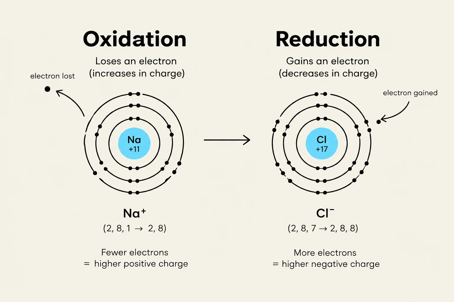 This diagram illustrates the processes of oxidation and reduction in chemistry, showing how atoms gain or lose electrons to change their charge. Oxidation involves losing an electron, increasing positive charge, as seen with Sodium (Na). Reduction involves gaining an electron, decreasing charge (increasing negative charge), as seen with Chlorine (Cl).