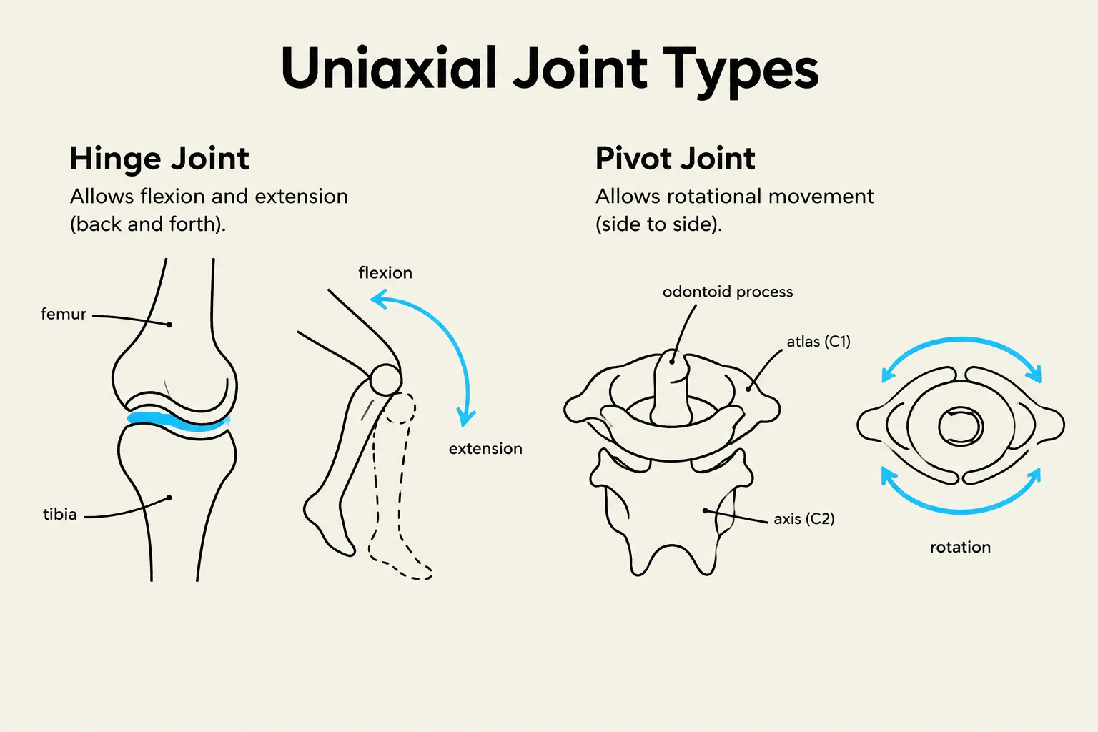 Diagrams illustrating uniaxial joint types: hinge joints (like the knee) allowing flexion and extension, and pivot joints (like the atlantoaxial joint) allowing rotation.