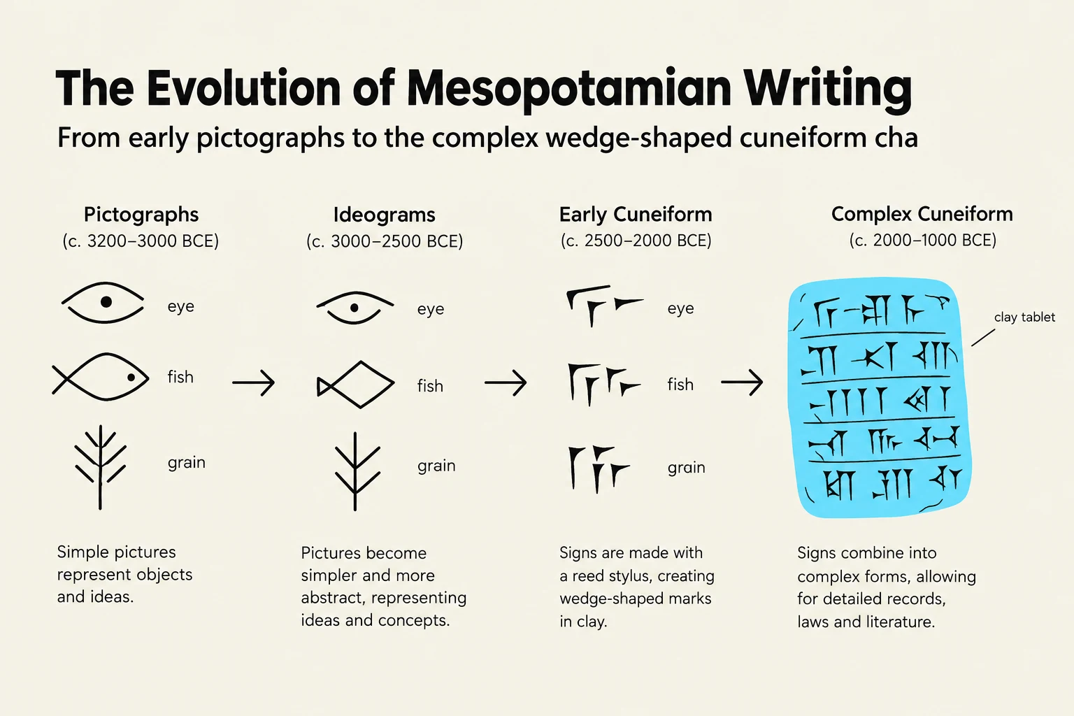 The evolution of Mesopotamian writing from pictographs to cuneiform, showing examples of symbols for eye, fish, and grain over time.