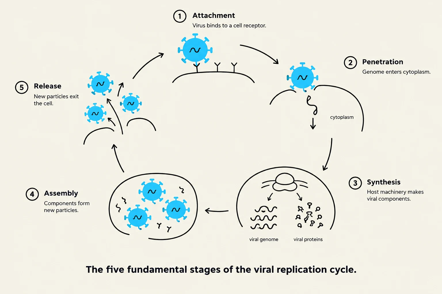 The five fundamental stages of the viral replication cycle: Attachment, Penetration, Synthesis, Assembly, and Release.