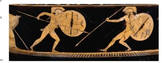 Ancient Greek vase painting depicting a battle scene with warriors in combat.