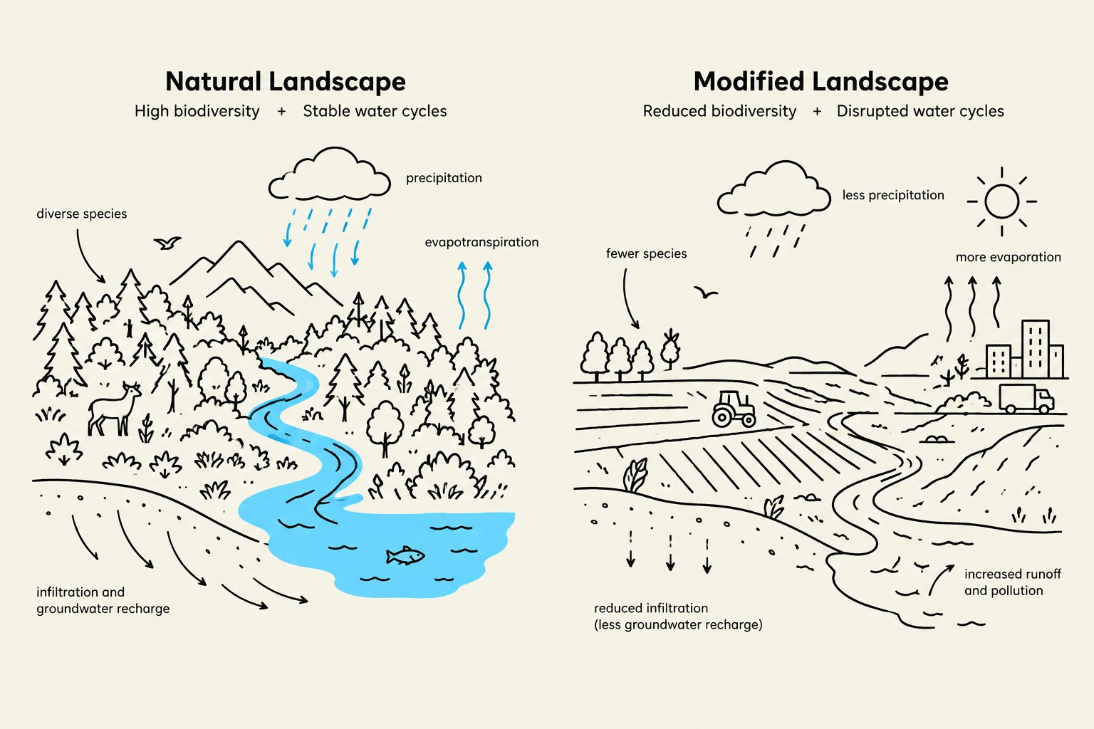 This illustration compares a natural landscape with high biodiversity and stable water cycles to a modified landscape with reduced biodiversity and disrupted water cycles, highlighting differences in precipitation, evaporation, infiltration, and runoff.