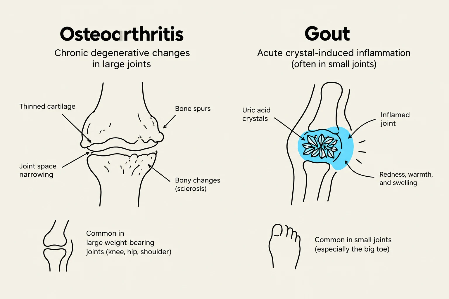 This illustration compares Osteoarthritis, characterized by chronic degenerative changes in large joints, with Gout, an acute crystal-induced inflammation often affecting small joints. It details symptoms like thinned cartilage and joint space narrowing in osteoarthritis, and uric acid crystals causing inflammation, redness, warmth, and swelling in gout.
