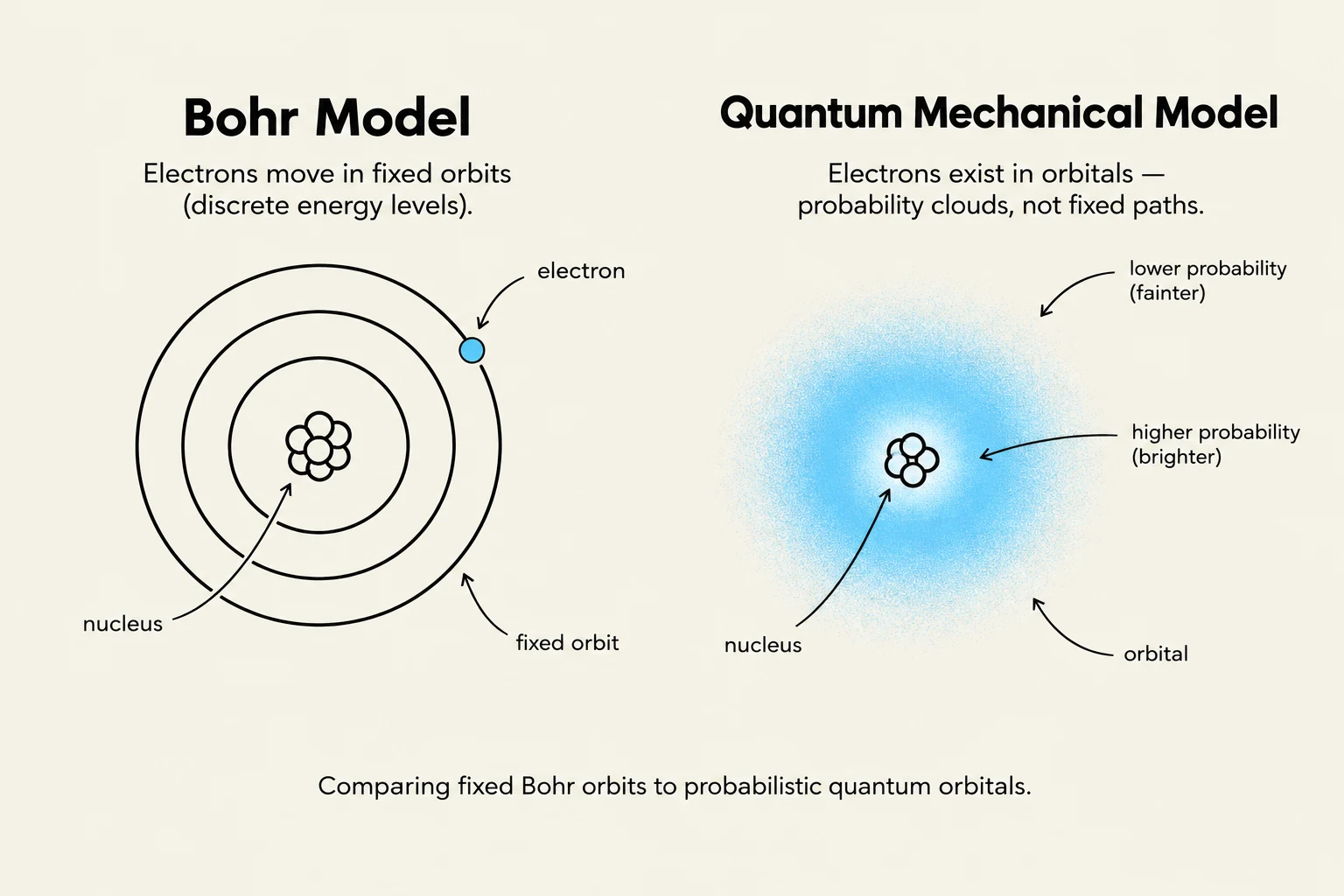 Comparison of the Bohr model and the Quantum Mechanical Model of the atom, illustrating electron orbits versus probability clouds.