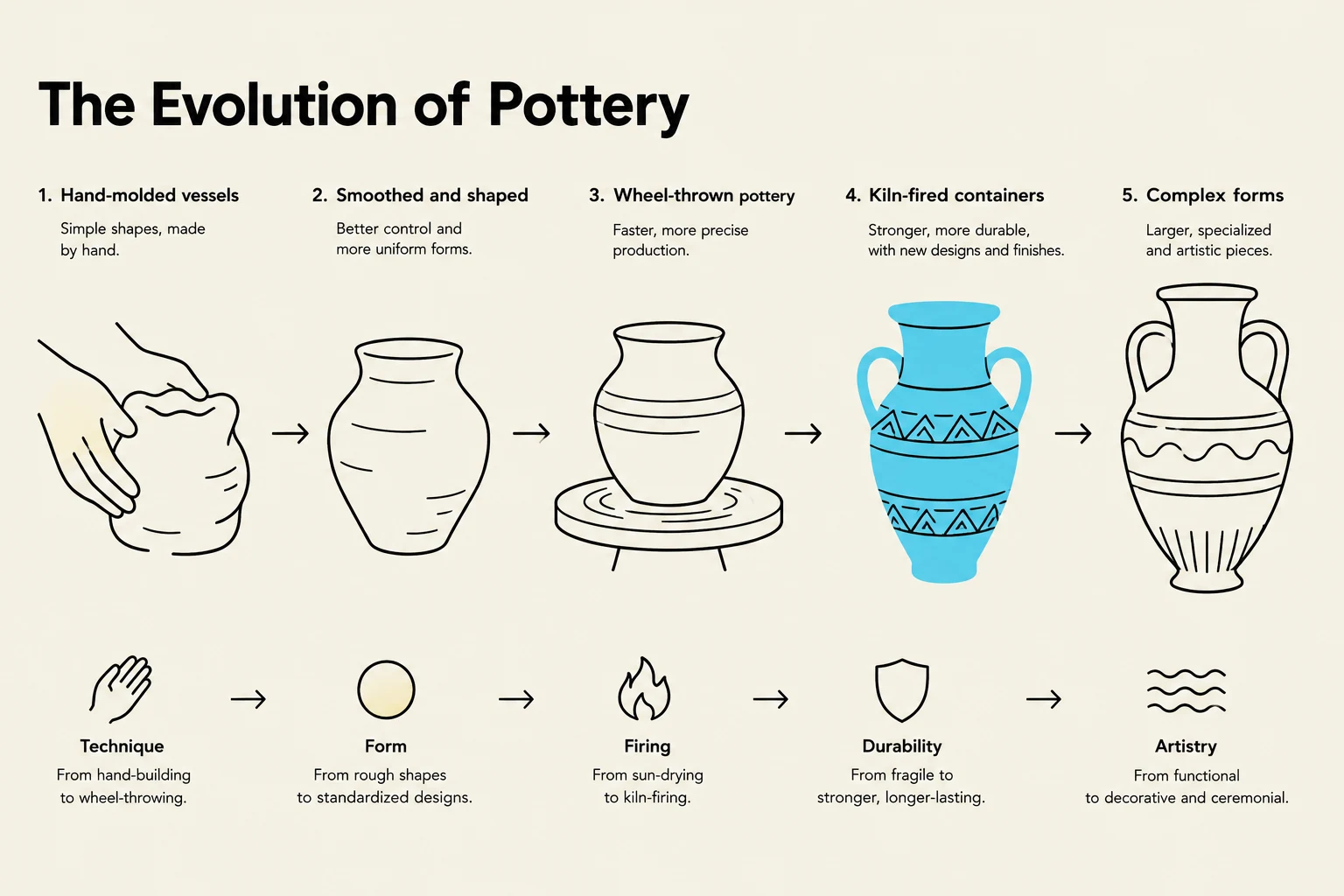 The evolution of pottery is illustrated through five stages: hand-molded vessels, smoothed and shaped forms, wheel-thrown pottery, kiln-fired containers, and complex artistic pieces. The progression also highlights changes in technique, form, firing, durability, and artistry.