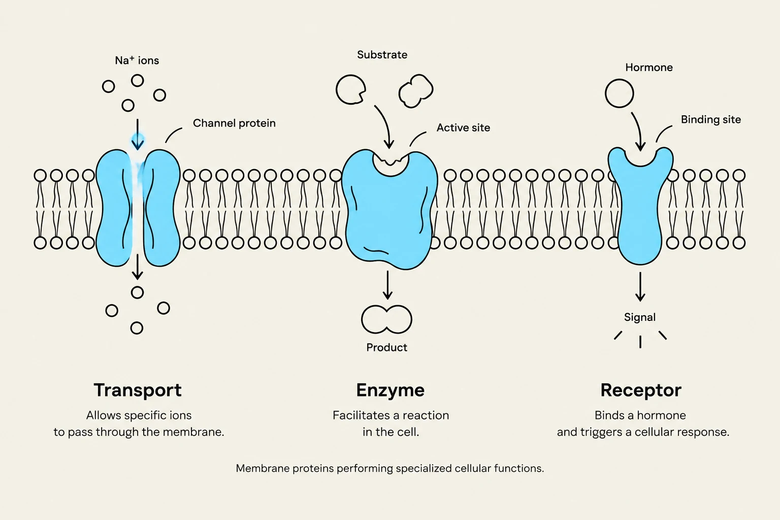 Diagram illustrating three specialized functions of membrane proteins: transport of ions, enzymatic activity, and receptor-mediated signaling.