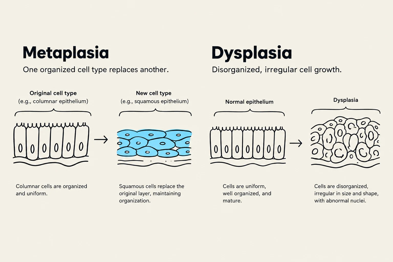 This illustration depicts metaplasia, where one organized cell type replaces another, and dysplasia, characterized by disorganized and irregular cell growth. It shows the transition from normal columnar epithelium to squamous epithelium in metaplasia, and from normal epithelium to disorganized cells in dysplasia.
