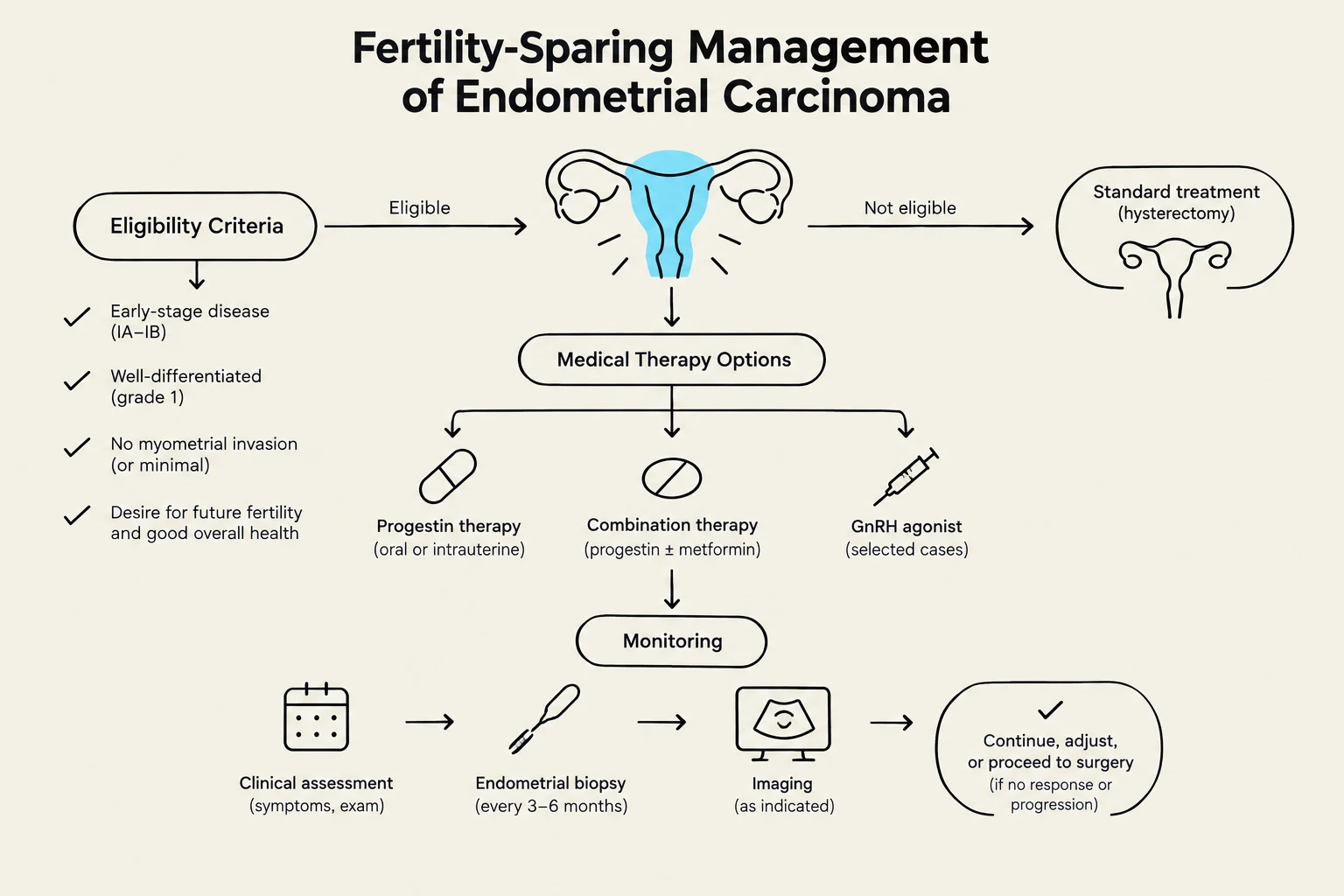 This flowchart outlines the fertility-sparing management of endometrial carcinoma, detailing eligibility criteria, medical therapy options, and monitoring procedures.