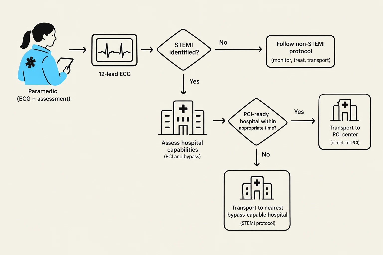 Flowchart illustrating the protocol for managing patients with suspected STEMI, from initial assessment by a paramedic to transport to an appropriate medical facility.