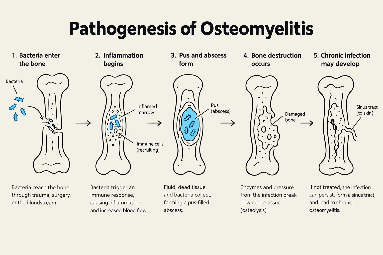 Diagram illustrating the pathogenesis of osteomyelitis, showing the progression from bacterial entry to chronic infection.