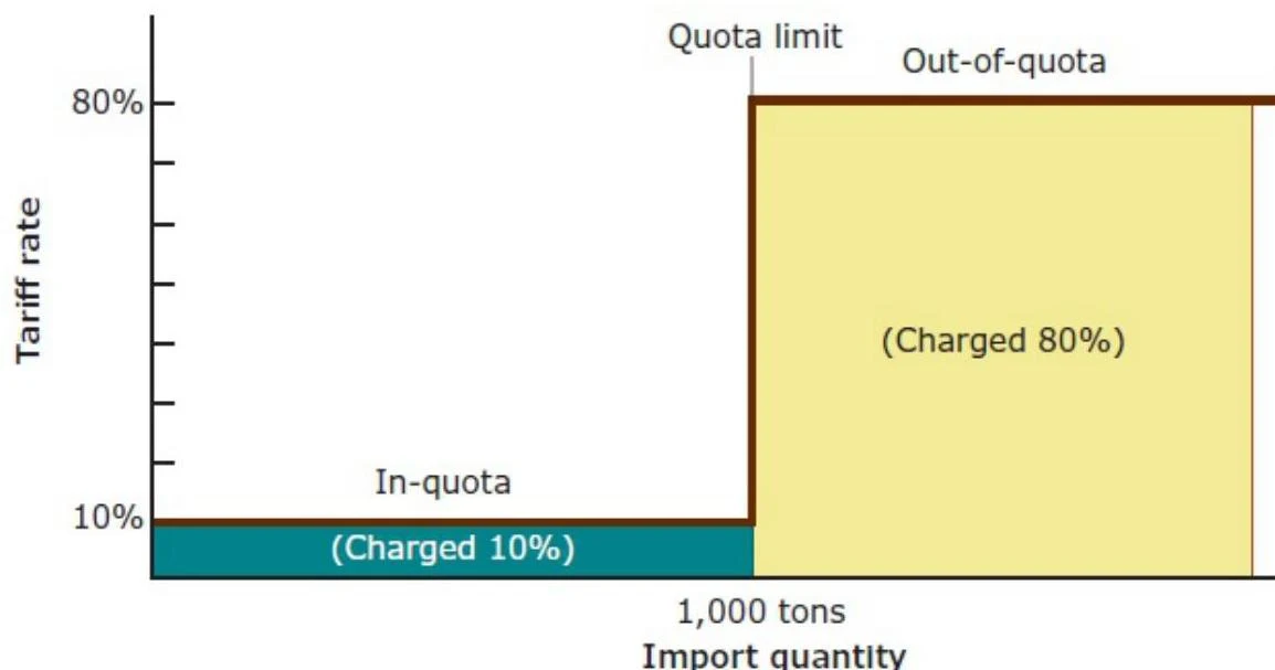 This graph illustrates a tariff rate quota system, where imports up to a certain limit (1,000 tons) are charged a lower tariff rate (10%), and imports exceeding this limit are charged a higher tariff rate (80%).