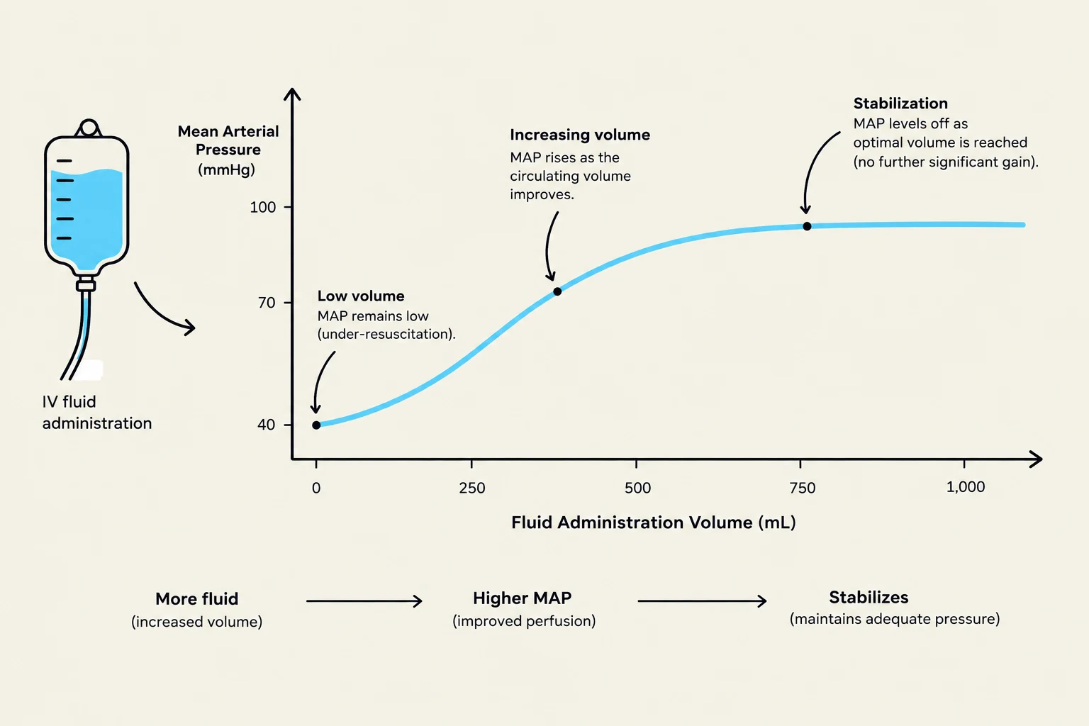 This graph illustrates the relationship between fluid administration volume and Mean Arterial Pressure (MAP). Initially, low fluid volume results in low MAP. As fluid volume increases, MAP rises, indicating improved perfusion. Eventually, MAP stabilizes as optimal fluid volume is reached, with no further significant gain.