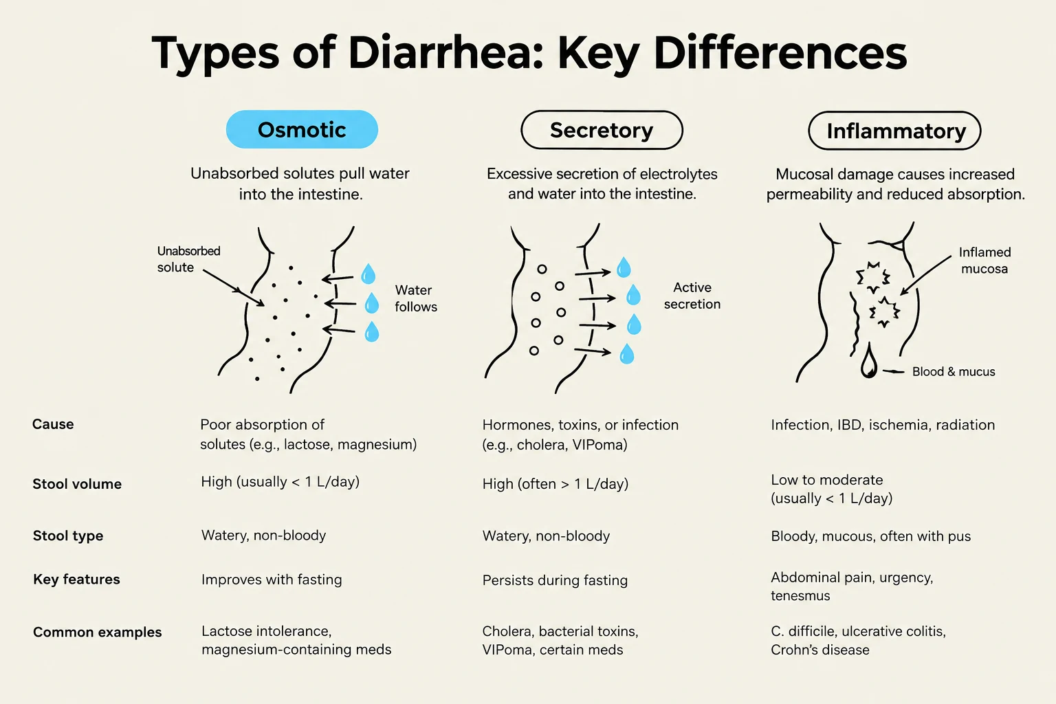 This diagram illustrates the key differences between osmotic, secretory, and inflammatory diarrhea, detailing their causes, stool characteristics, key features, and common examples.