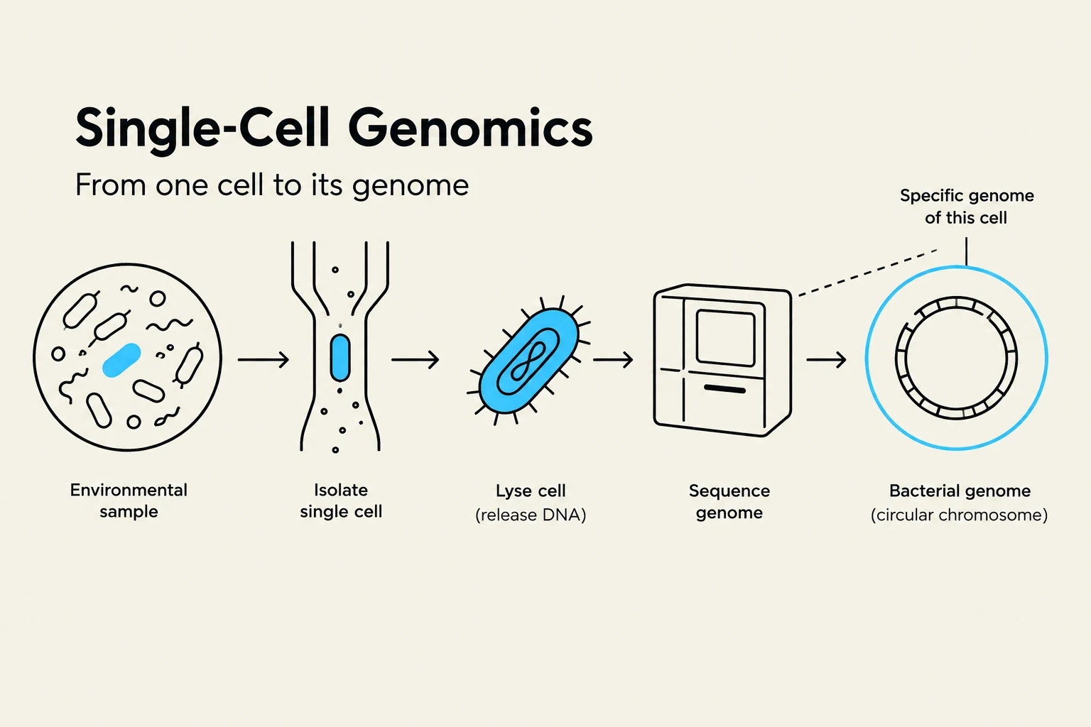 This diagram illustrates the process of single-cell genomics, from obtaining an environmental sample to isolating a single cell, lysing it to release DNA, sequencing the genome, and finally representing the bacterial genome as a circular chromosome.
