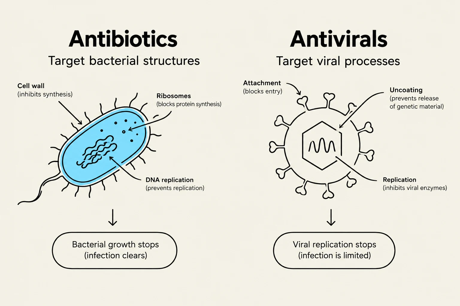 This illustration compares how antibiotics target bacterial structures and how antivirals target viral processes, leading to the cessation of infection.
