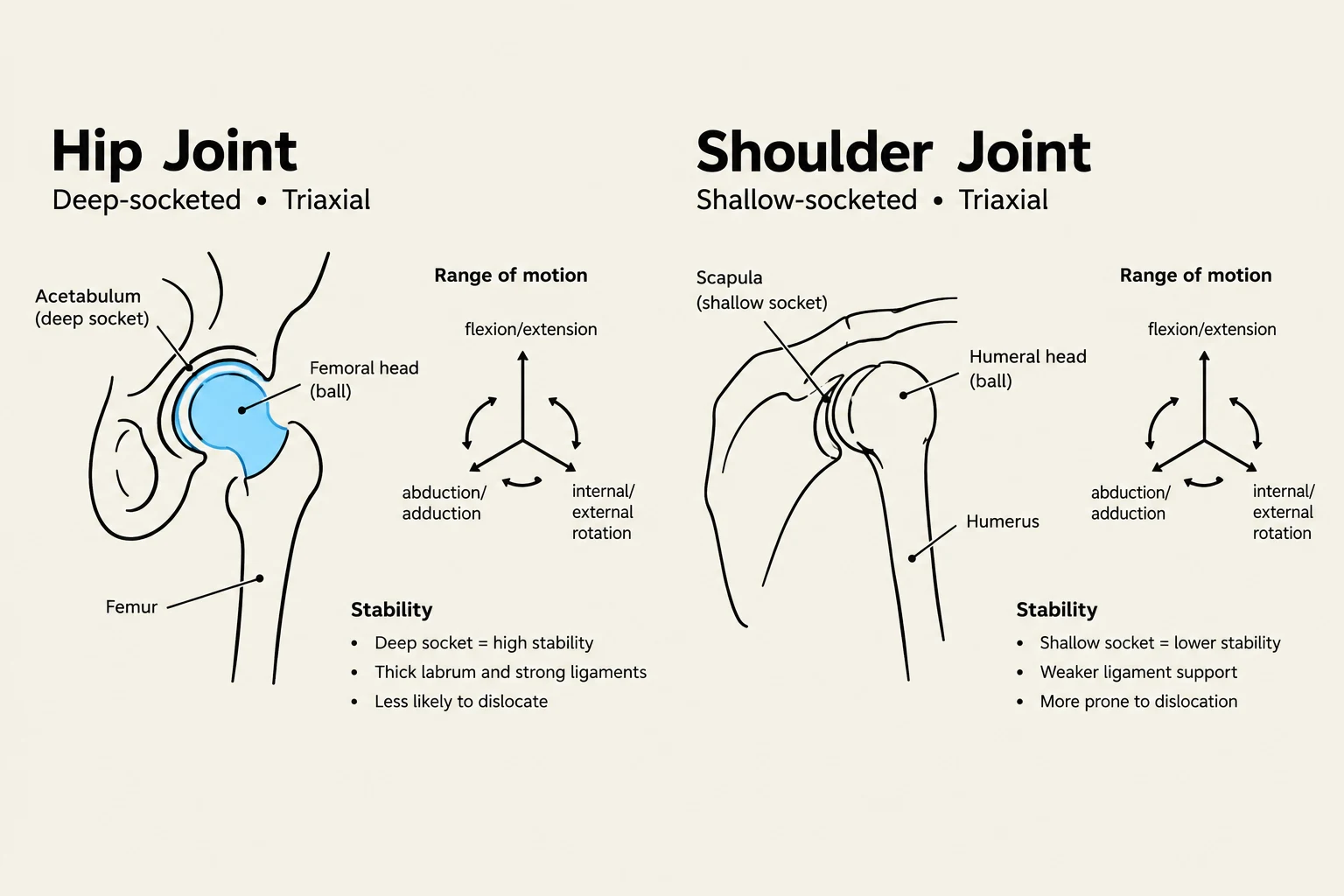 Comparison of the hip joint and shoulder joint, illustrating their structure, range of motion, and stability.