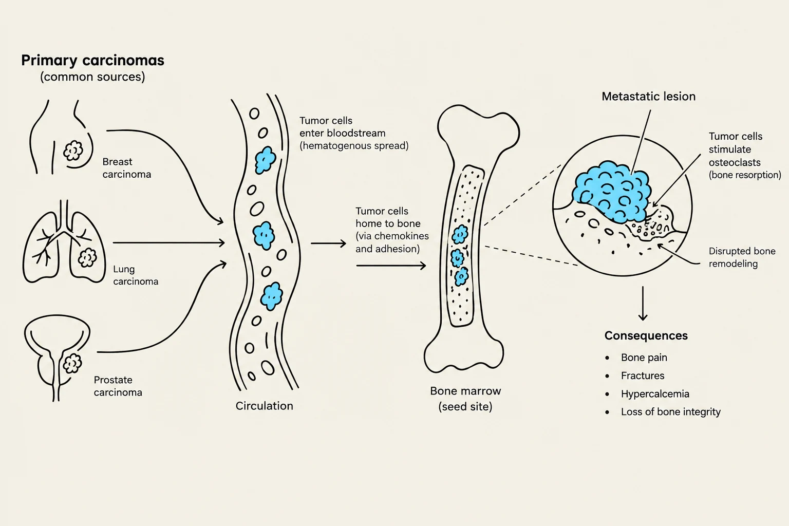 This diagram illustrates the process of carcinoma metastasis to bone, showing primary tumor sources, circulation of tumor cells, seeding in bone marrow, and the resulting metastatic lesion and its consequences.