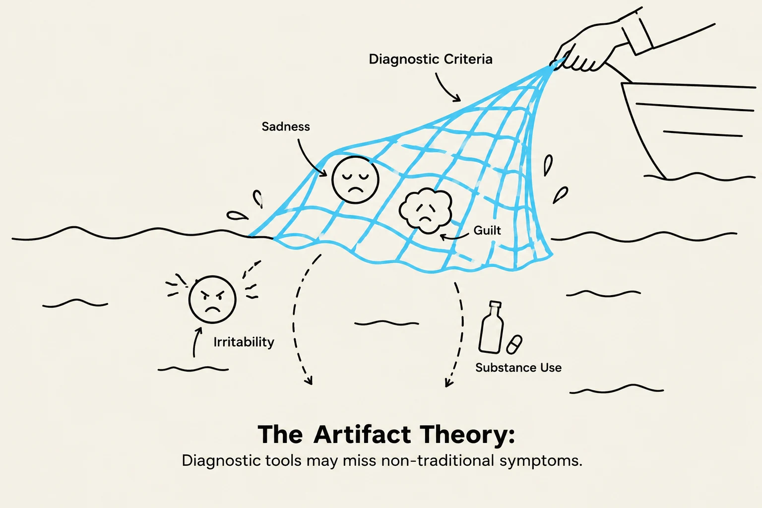 The Artifact Theory illustrates how diagnostic tools might overlook non-traditional symptoms, using examples like irritability, sadness, guilt, and substance use, which may not be captured by standard diagnostic criteria.