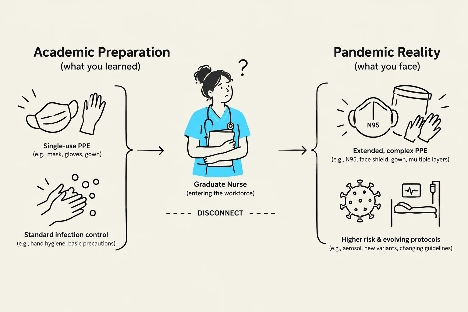 This illustration depicts the disconnect between academic preparation for nurses and the reality of pandemic situations, highlighting differences in PPE and protocols.