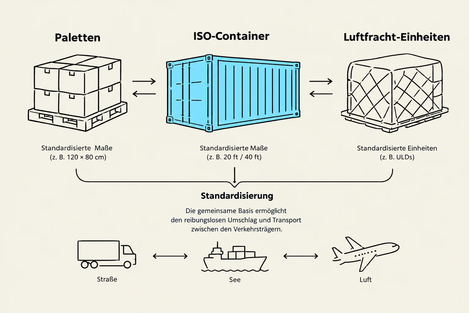 This diagram illustrates the standardization of shipping units, including pallets, ISO containers, and air cargo units, and their integration with different modes of transport: road, sea, and air. Standardization facilitates seamless handling and transport across these carriers.