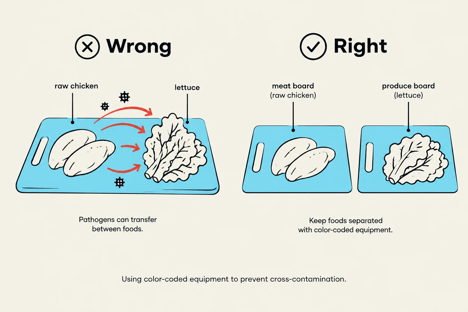 This illustration demonstrates the correct method for preventing cross-contamination when preparing food. It shows that raw chicken and lettuce should be prepared on separate, color-coded cutting boards to avoid the transfer of pathogens.