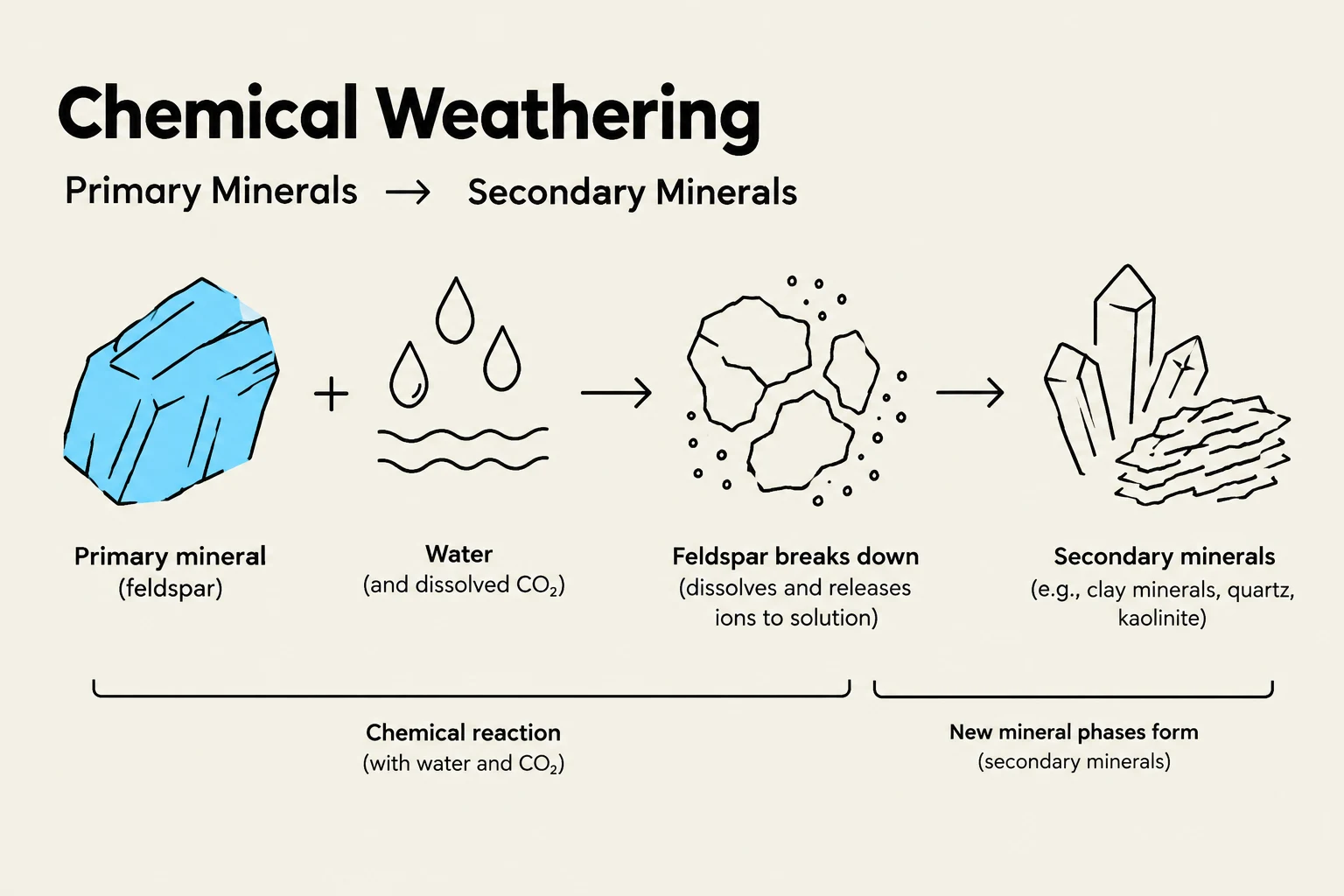This diagram illustrates the process of chemical weathering, where primary minerals like feldspar react with water and dissolved carbon dioxide to form secondary minerals such as clay minerals, quartz, and kaolinite.