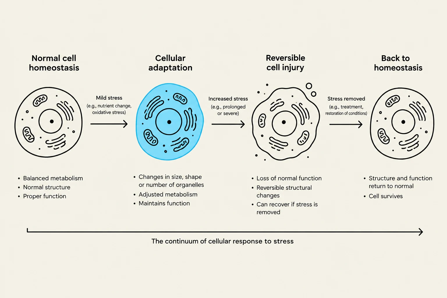This diagram illustrates the continuum of cellular response to stress, showing normal cell homeostasis, cellular adaptation, reversible cell injury, and return to homeostasis.