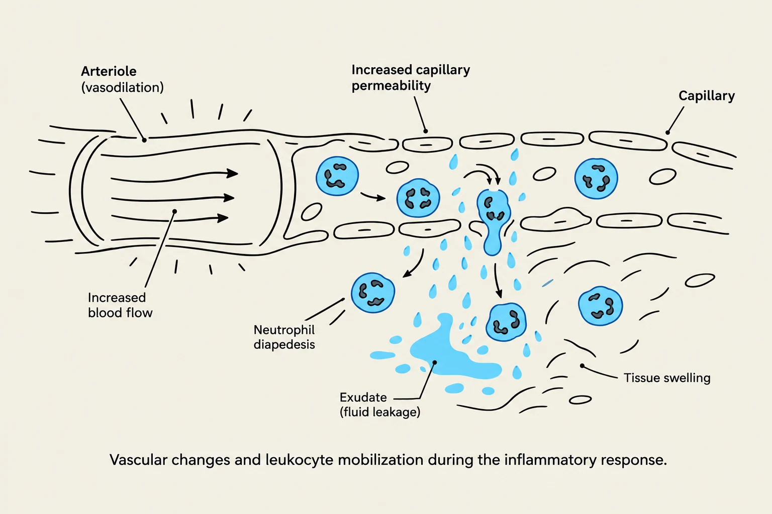 Diagram illustrating vascular changes and leukocyte mobilization during the inflammatory response, showing vasodilation, increased blood flow, increased capillary permeability, neutrophil diapedesis, exudate formation, and tissue swelling.