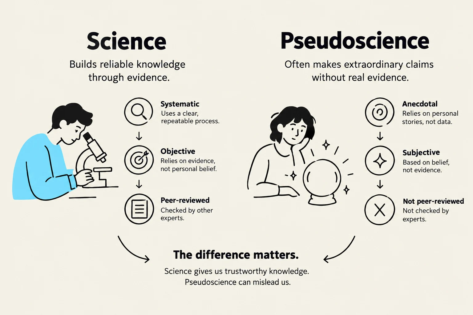 This illustration contrasts science, which relies on systematic, objective, and peer-reviewed evidence, with pseudoscience, which is based on anecdotal, subjective, and non-peer-reviewed claims.